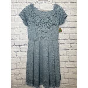 MISSMNY Retro Gorgeous City Blue Lace Dress Short Sleeve Fit & Flare LARGE NWT